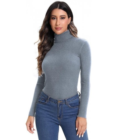 Women's Mock Neck Long Sleeve Tee Basic Slim Fit Ribbed Knit T Shirt Tops Solid Dusty Blue $14.83 T-Shirts