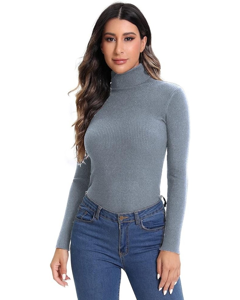 Women's Mock Neck Long Sleeve Tee Basic Slim Fit Ribbed Knit T Shirt Tops Solid Dusty Blue $14.83 T-Shirts