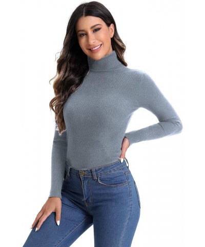 Women's Mock Neck Long Sleeve Tee Basic Slim Fit Ribbed Knit T Shirt Tops Solid Dusty Blue $14.83 T-Shirts