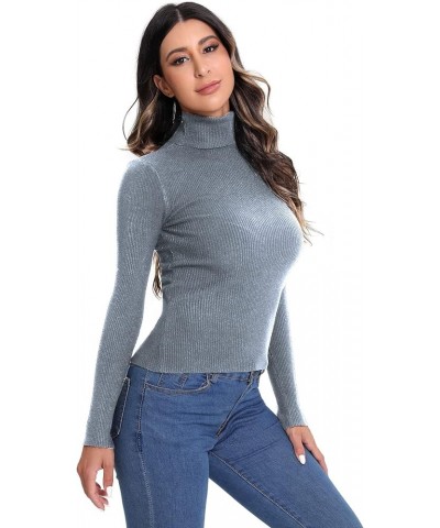 Women's Mock Neck Long Sleeve Tee Basic Slim Fit Ribbed Knit T Shirt Tops Solid Dusty Blue $14.83 T-Shirts