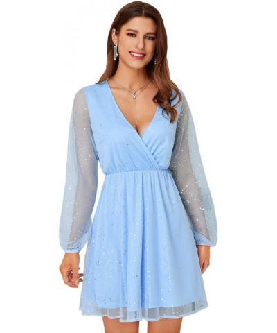 Women's Sheer Mesh Long Sleeve Mini Dress Wrap V Neck Glitter A Line Dresses Blue $12.42 Dresses