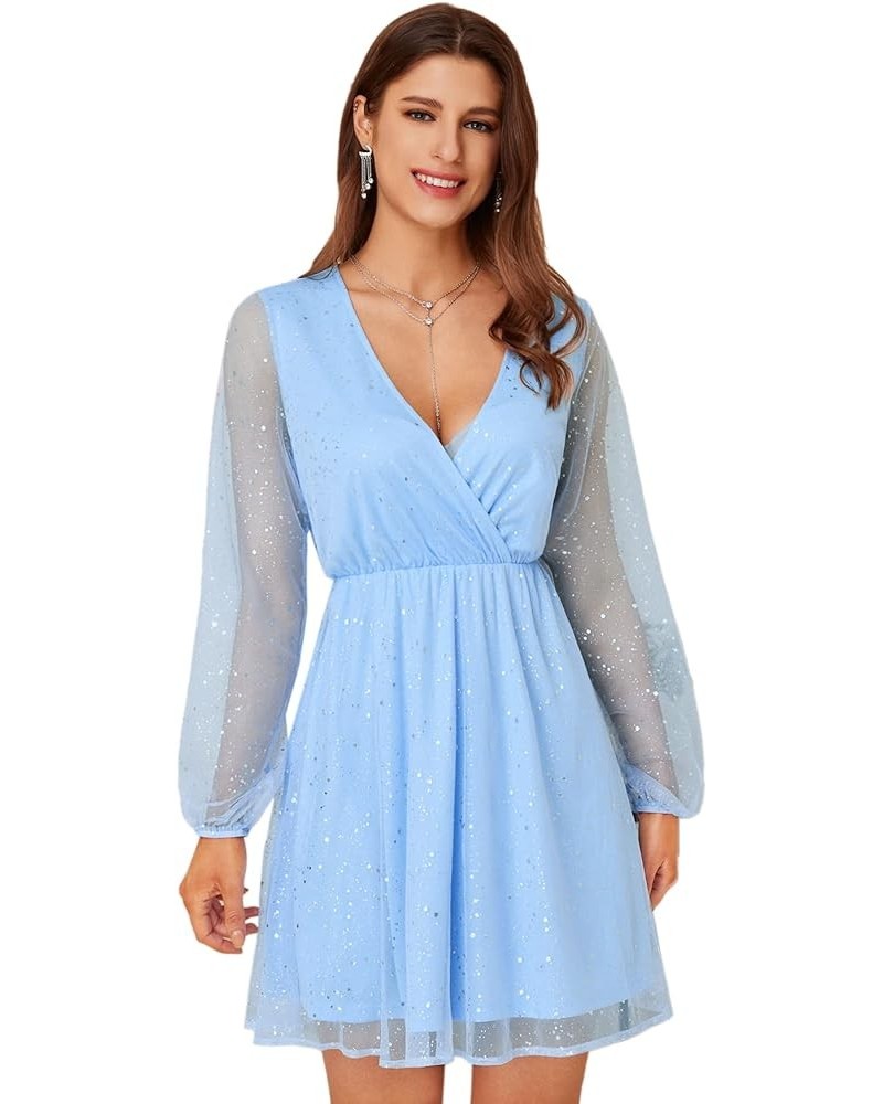 Women's Sheer Mesh Long Sleeve Mini Dress Wrap V Neck Glitter A Line Dresses Blue $12.42 Dresses