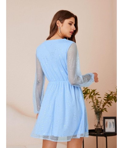 Women's Sheer Mesh Long Sleeve Mini Dress Wrap V Neck Glitter A Line Dresses Blue $12.42 Dresses