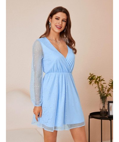 Women's Sheer Mesh Long Sleeve Mini Dress Wrap V Neck Glitter A Line Dresses Blue $12.42 Dresses