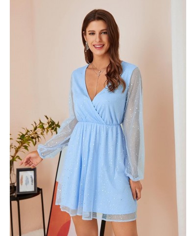 Women's Sheer Mesh Long Sleeve Mini Dress Wrap V Neck Glitter A Line Dresses Blue $12.42 Dresses