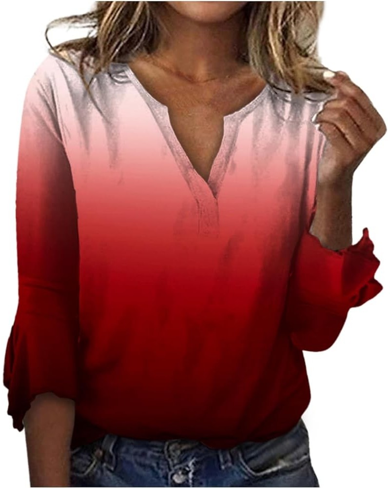 Elbow Sleeve Tops Women Ombre Print Dressy Shirts Cutout V Neck Blouses Bell Sleeve Glory Faded Pullovers 04-red $4.26 Shirts