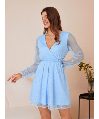 Women's Sheer Mesh Long Sleeve Mini Dress Wrap V Neck Glitter A Line Dresses Blue $12.42 Dresses