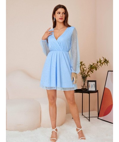 Women's Sheer Mesh Long Sleeve Mini Dress Wrap V Neck Glitter A Line Dresses Blue $12.42 Dresses