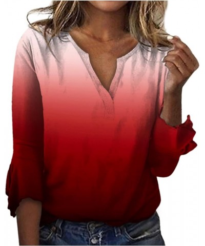 Elbow Sleeve Tops Women Ombre Print Dressy Shirts Cutout V Neck Blouses Bell Sleeve Glory Faded Pullovers 04-red $4.26 Shirts