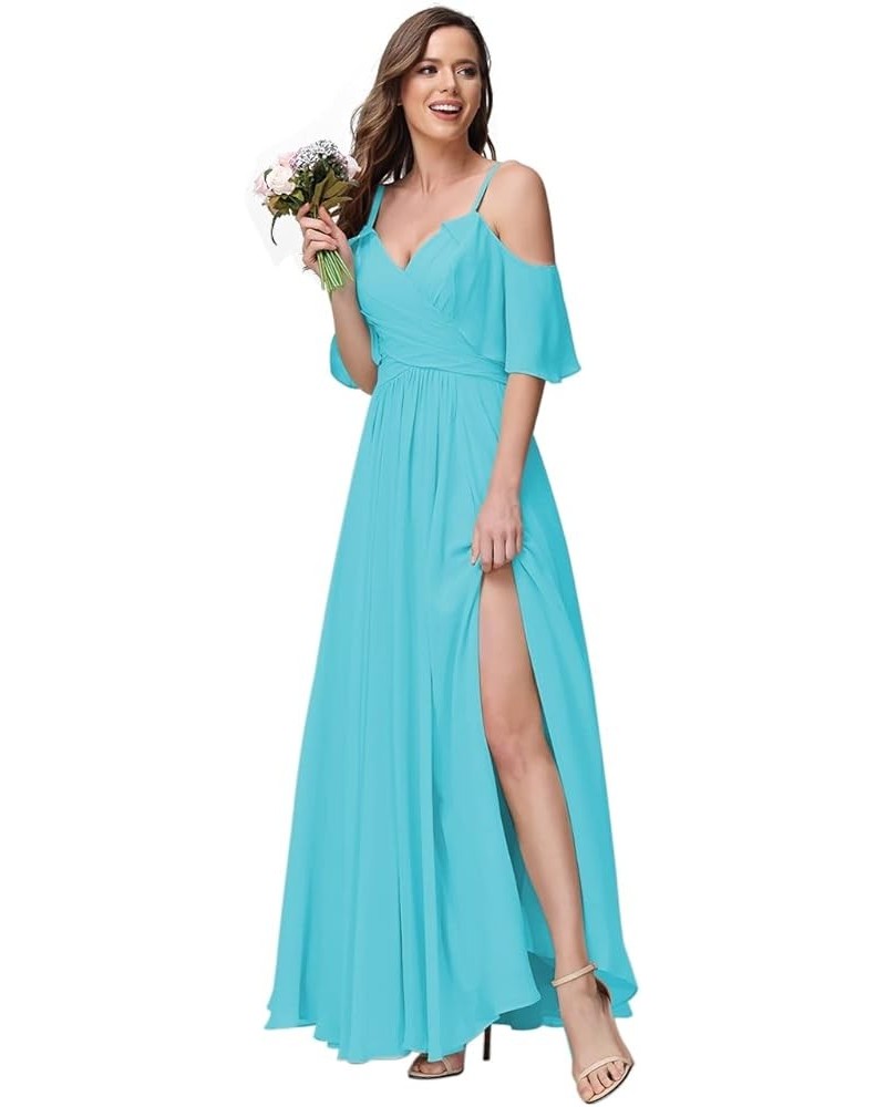 Women's Long Spaghetti Straps Bridesmaid Dress with Slit Off Shoulder Chiffon Formal Party Gowns MDPM128 Pool $33.60 Dresses