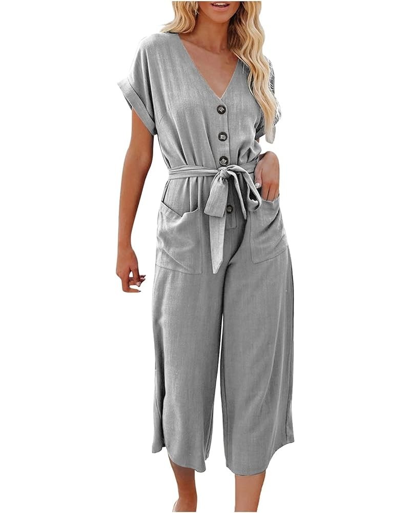 Women's 's Plus Size Jumpsuits Casual Loose Short Sleeve V Neck Rompers With Pockets Fashion Overalls Gray-3 $10.19 Overalls