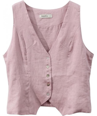 Womens Pure Linen Sleeveless Button Down Crop Top V Neck Waistcoat Vest Pink $19.37 Vests