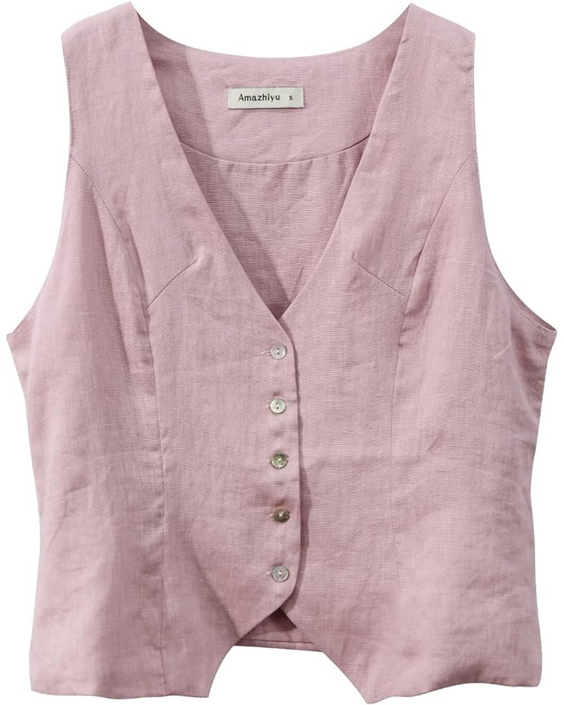 Womens Pure Linen Sleeveless Button Down Crop Top V Neck Waistcoat Vest Pink $19.37 Vests