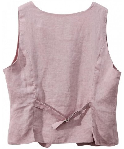 Womens Pure Linen Sleeveless Button Down Crop Top V Neck Waistcoat Vest Pink $19.37 Vests