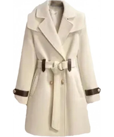 Women's Autumn Winter Wool Jacket Double-Breasted Mid-Length Loose Pea Coat Jacket Outwear Beige $35.88 Coats