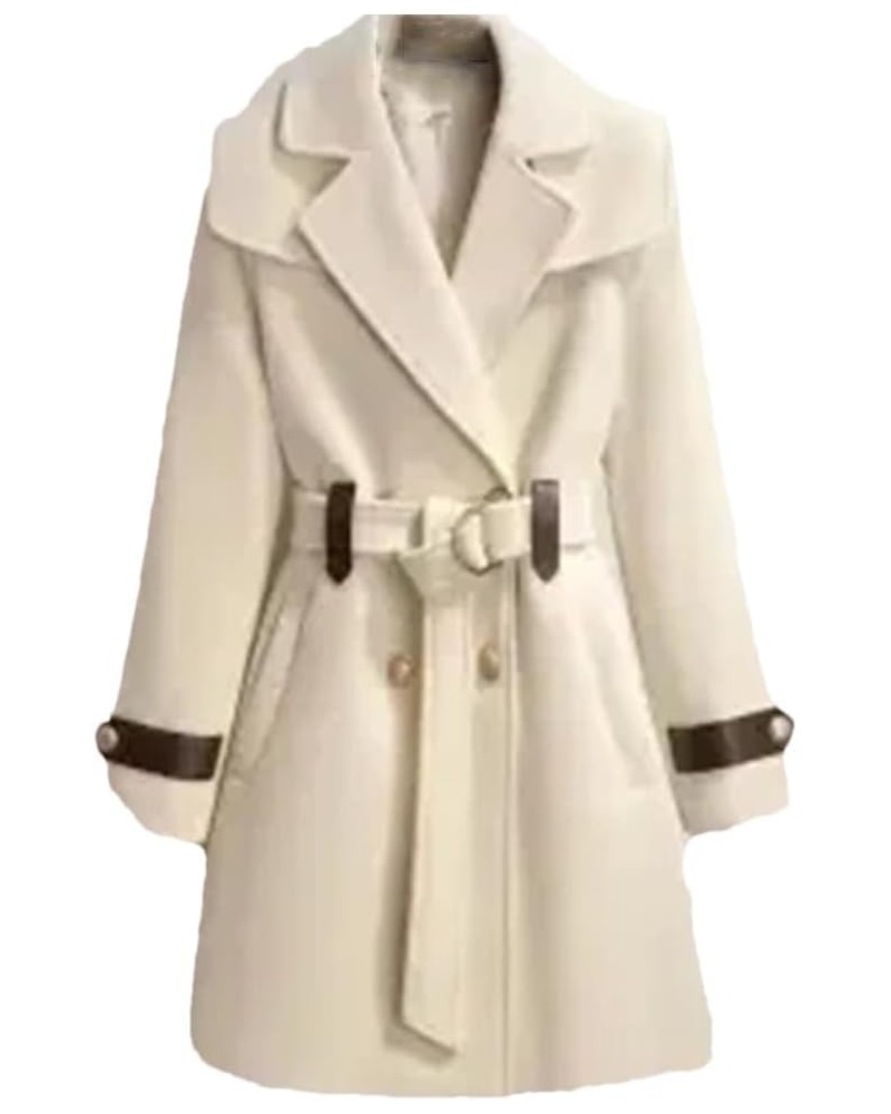 Women's Autumn Winter Wool Jacket Double-Breasted Mid-Length Loose Pea Coat Jacket Outwear Beige $35.88 Coats