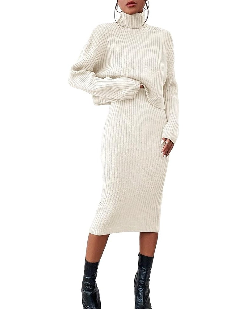 Women's 2 Piece Sweater Outfit Sets Turtleneck Long Sleeve Ribbed Knit Top Sleeveless Bodycon Midi Sweater Dress White $24.50...