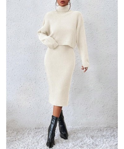 Women's 2 Piece Sweater Outfit Sets Turtleneck Long Sleeve Ribbed Knit Top Sleeveless Bodycon Midi Sweater Dress White $24.50...