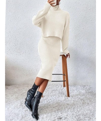 Women's 2 Piece Sweater Outfit Sets Turtleneck Long Sleeve Ribbed Knit Top Sleeveless Bodycon Midi Sweater Dress White $24.50...