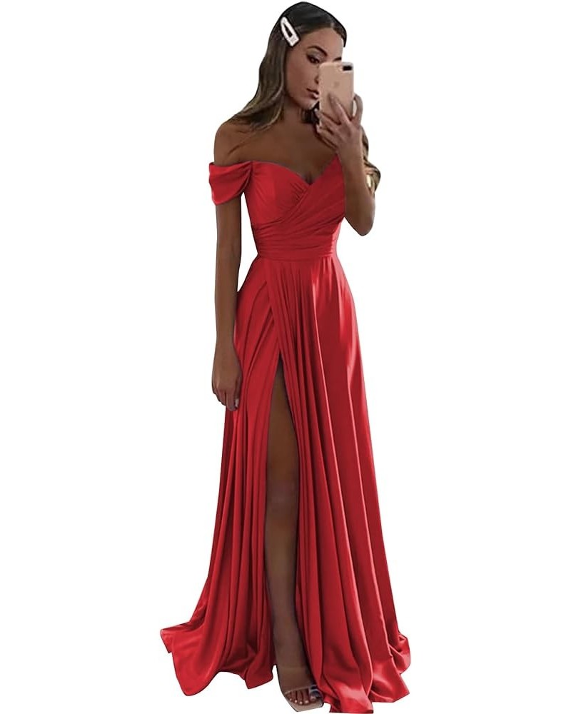 Women's Off The Shoulder Satin Bridesmaid Dresses Long for Wedding Formal Prom Dress with Slit Red $26.22 Dresses