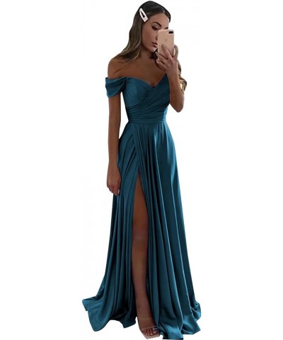 Women's Off The Shoulder Satin Bridesmaid Dresses Long for Wedding Formal Prom Dress with Slit Red $26.22 Dresses