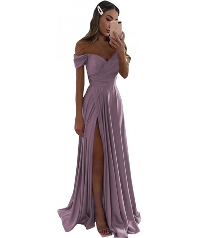 Women's Off The Shoulder Satin Bridesmaid Dresses Long for Wedding Formal Prom Dress with Slit Red $26.22 Dresses