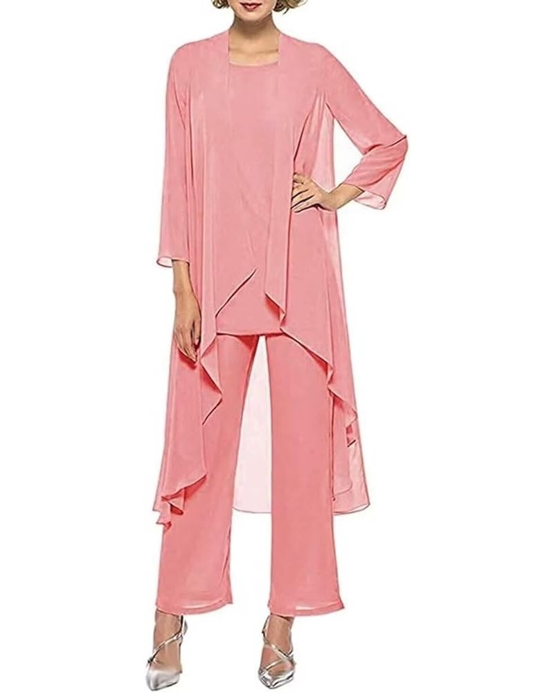 3 Pieces Pantsuits for Women Dressy Outfit Set Long Sleeve Mother of The Bride Dresses with Chiffon Jacket Coral $24.60 Suits