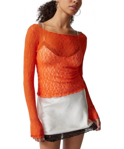 Women Y2K Long Sleeve Top Mesh Sheer Lace Patchwork Shirt See Through Fairy Grunge Clothes B3 Orange $11.39 T-Shirts