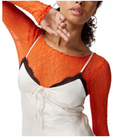 Women Y2K Long Sleeve Top Mesh Sheer Lace Patchwork Shirt See Through Fairy Grunge Clothes B3 Orange $11.39 T-Shirts