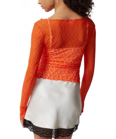 Women Y2K Long Sleeve Top Mesh Sheer Lace Patchwork Shirt See Through Fairy Grunge Clothes B3 Orange $11.39 T-Shirts