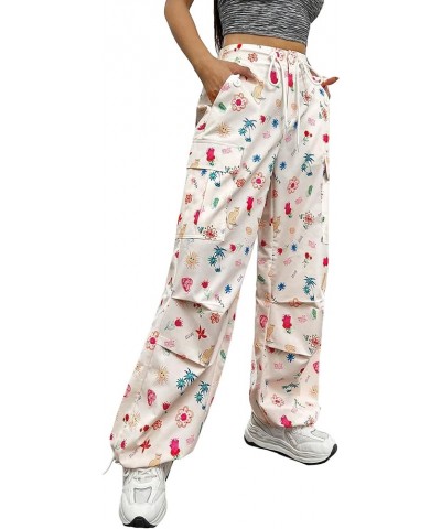 Women's All Over Graphic Printed Cargo Flap Pocket Side Drawstring High Waist Casual Pants Multicolor $15.20 Pants