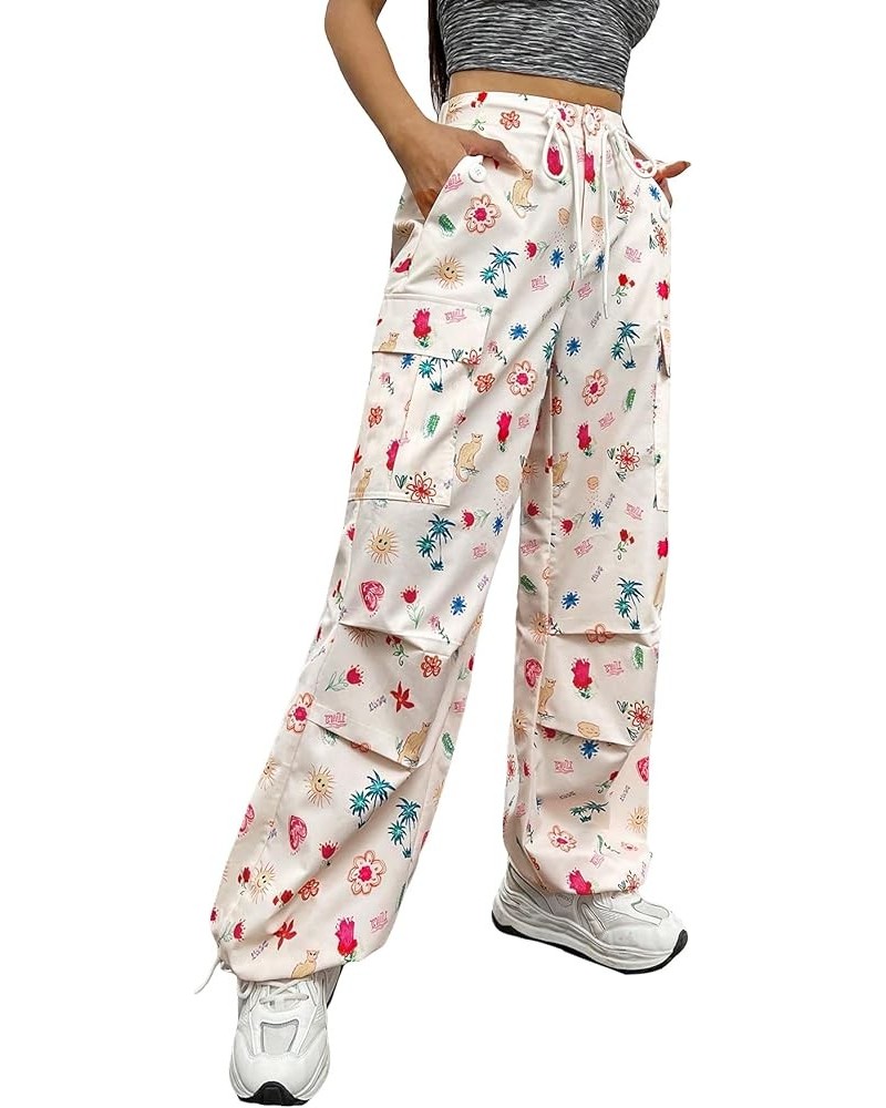 Women's All Over Graphic Printed Cargo Flap Pocket Side Drawstring High Waist Casual Pants Multicolor $15.20 Pants