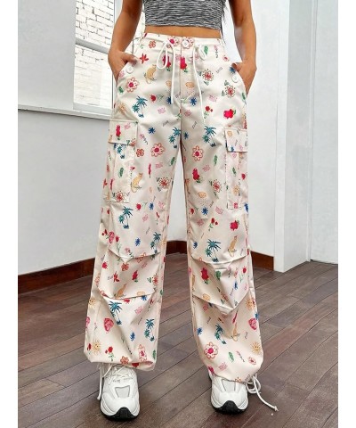 Women's All Over Graphic Printed Cargo Flap Pocket Side Drawstring High Waist Casual Pants Multicolor $15.20 Pants