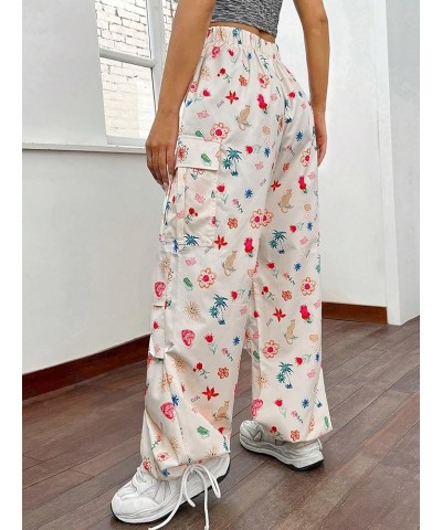 Women's All Over Graphic Printed Cargo Flap Pocket Side Drawstring High Waist Casual Pants Multicolor $15.20 Pants