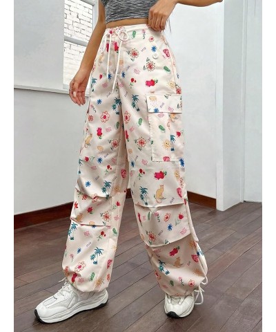 Women's All Over Graphic Printed Cargo Flap Pocket Side Drawstring High Waist Casual Pants Multicolor $15.20 Pants