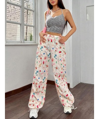 Women's All Over Graphic Printed Cargo Flap Pocket Side Drawstring High Waist Casual Pants Multicolor $15.20 Pants