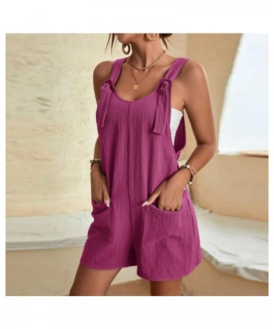 Women's Jumpsuits Summer Cotton Linen Rompers Tie Knot Strap Overalls Jumpsuit Shorts Cute Tie Shoulder Strap Shorts C01-purp...