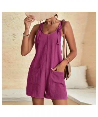 Women's Jumpsuits Summer Cotton Linen Rompers Tie Knot Strap Overalls Jumpsuit Shorts Cute Tie Shoulder Strap Shorts C01-purp...