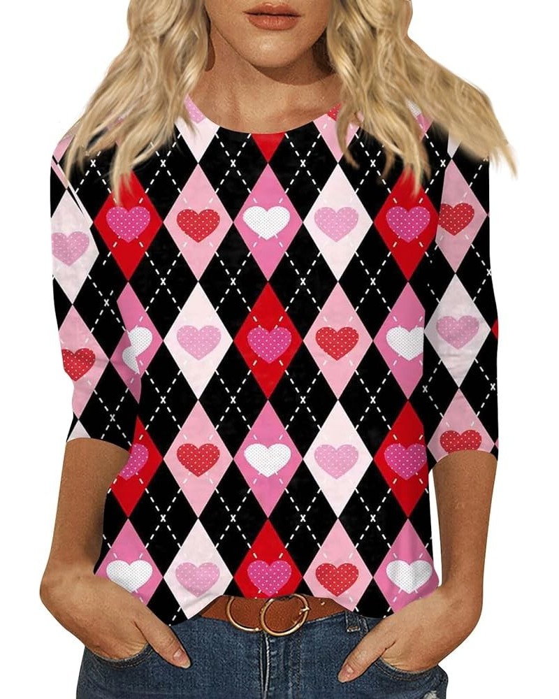 Valentine Shirts for Women Love Heart 3/4 Length Sleeve Graphic Tees Casual Ladies Tunic or Tops to Wear with Leggings C-blac...