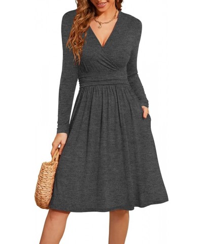 Womens Long Sleeve Deep V-Neck Formal Dress Pleated Waist Knee Length Dresses with Pockets Z Dark Grey-long Sleeve $23.00 Dre...