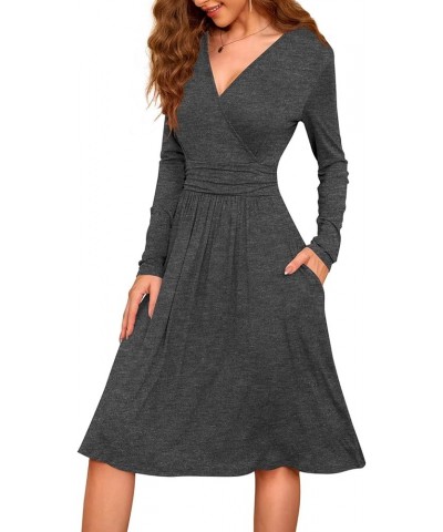 Womens Long Sleeve Deep V-Neck Formal Dress Pleated Waist Knee Length Dresses with Pockets Z Dark Grey-long Sleeve $23.00 Dre...