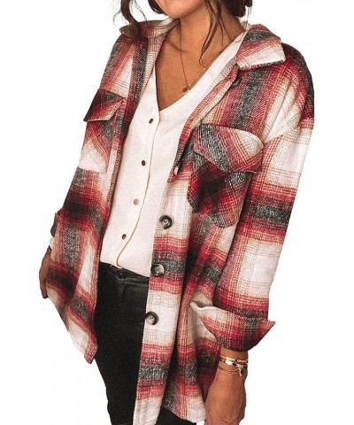 Women's 2024 Fall Clothes Plaid Shacket Jacket Long Sleeve Button Down Flannel Shirts Fashion Blouse Red $10.25 Tops