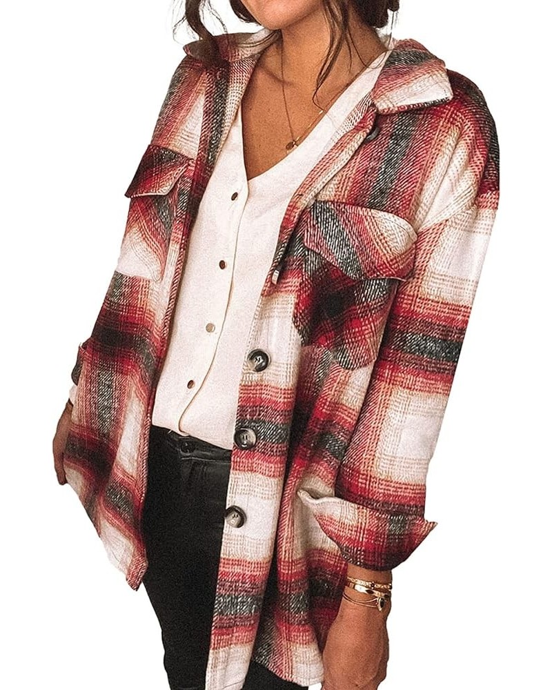 Women's 2024 Fall Clothes Plaid Shacket Jacket Long Sleeve Button Down Flannel Shirts Fashion Blouse Red $10.25 Tops