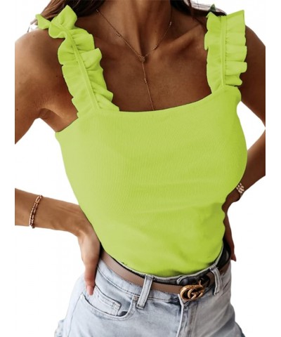 Women's Causal Sleeveless Frill Trim Strap Ribbed Knit Cami Tank Top Neon Green $9.17 Tanks