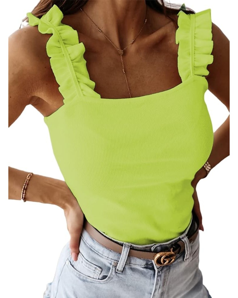 Women's Causal Sleeveless Frill Trim Strap Ribbed Knit Cami Tank Top Neon Green $9.17 Tanks