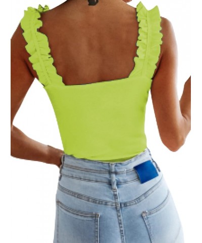 Women's Causal Sleeveless Frill Trim Strap Ribbed Knit Cami Tank Top Neon Green $9.17 Tanks