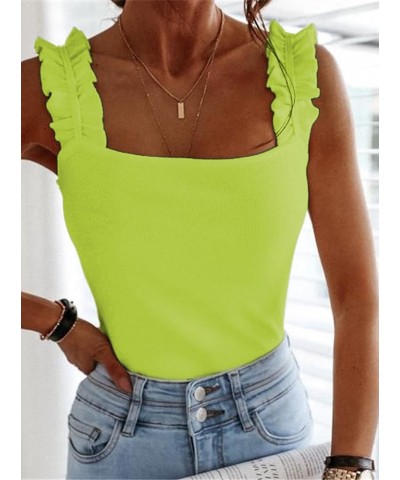 Women's Causal Sleeveless Frill Trim Strap Ribbed Knit Cami Tank Top Neon Green $9.17 Tanks