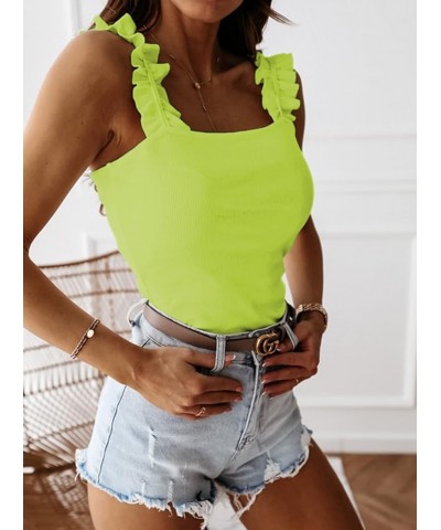 Women's Causal Sleeveless Frill Trim Strap Ribbed Knit Cami Tank Top Neon Green $9.17 Tanks