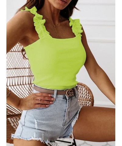 Women's Causal Sleeveless Frill Trim Strap Ribbed Knit Cami Tank Top Neon Green $9.17 Tanks