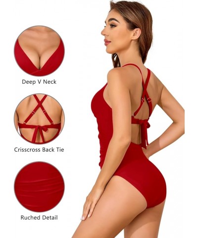 One Piece Swimsuit Tummy Control Women's Deep V Neck Cute One Piece Bathing Suits Crisscross Back Tie Swimwear Red $20.71 Swi...